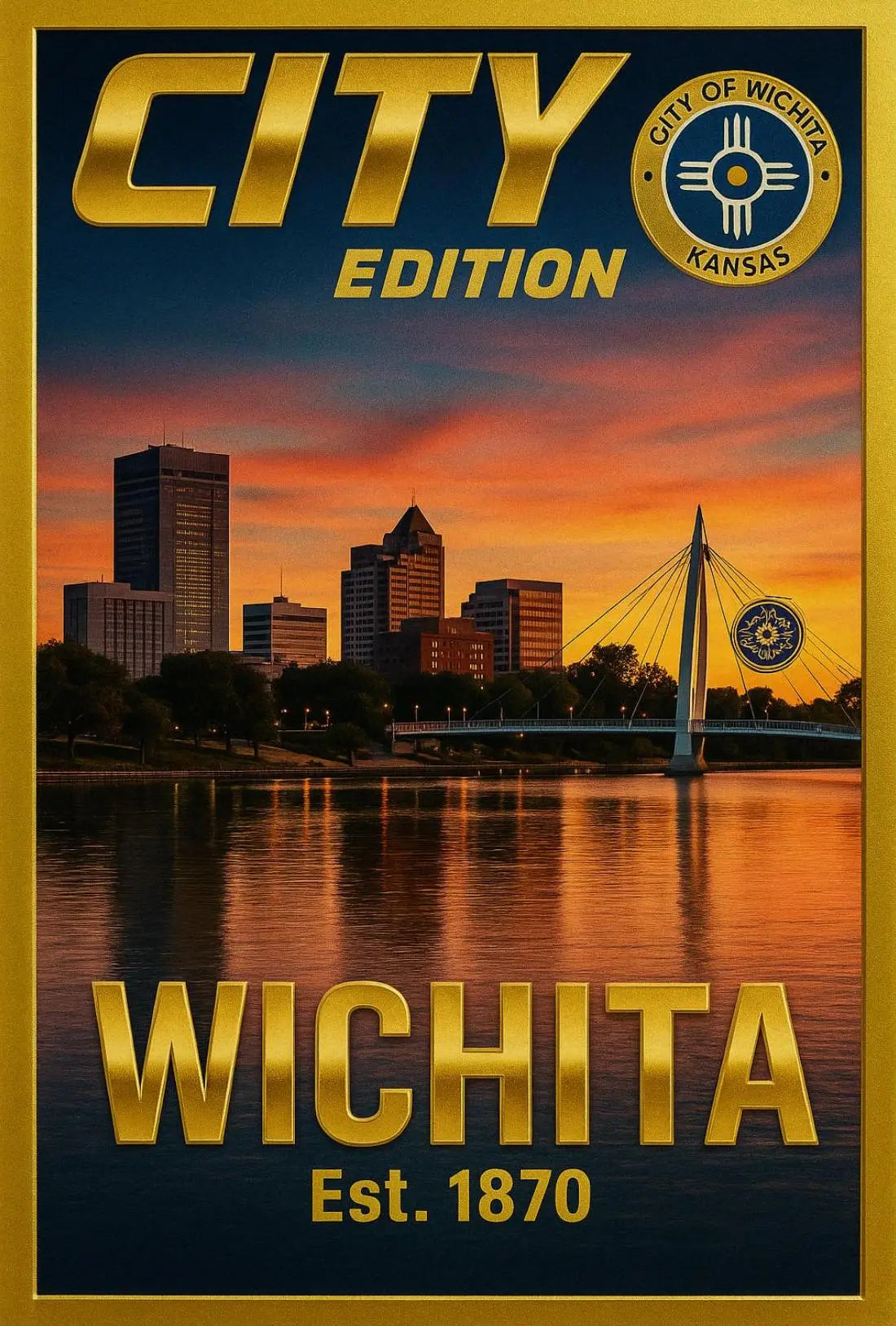 Wichita Cityscape Gold Blue Horizon Travel Poster PosterGoat