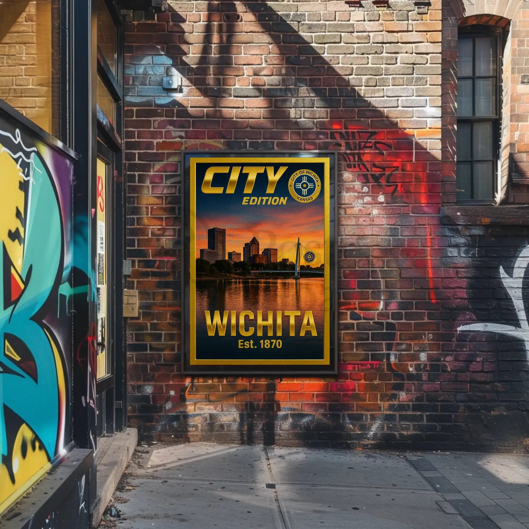 Wichita Cityscape Gold Blue Horizon Travel Poster PosterGoat