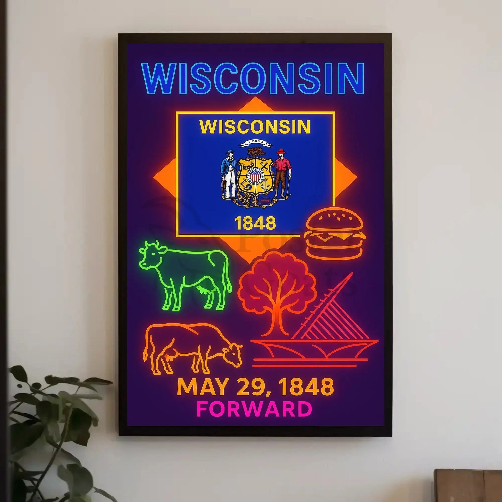Wisconsin Neon Culture Poster - Abstract, Artistic, or Pop Culture Poster PosterGoat