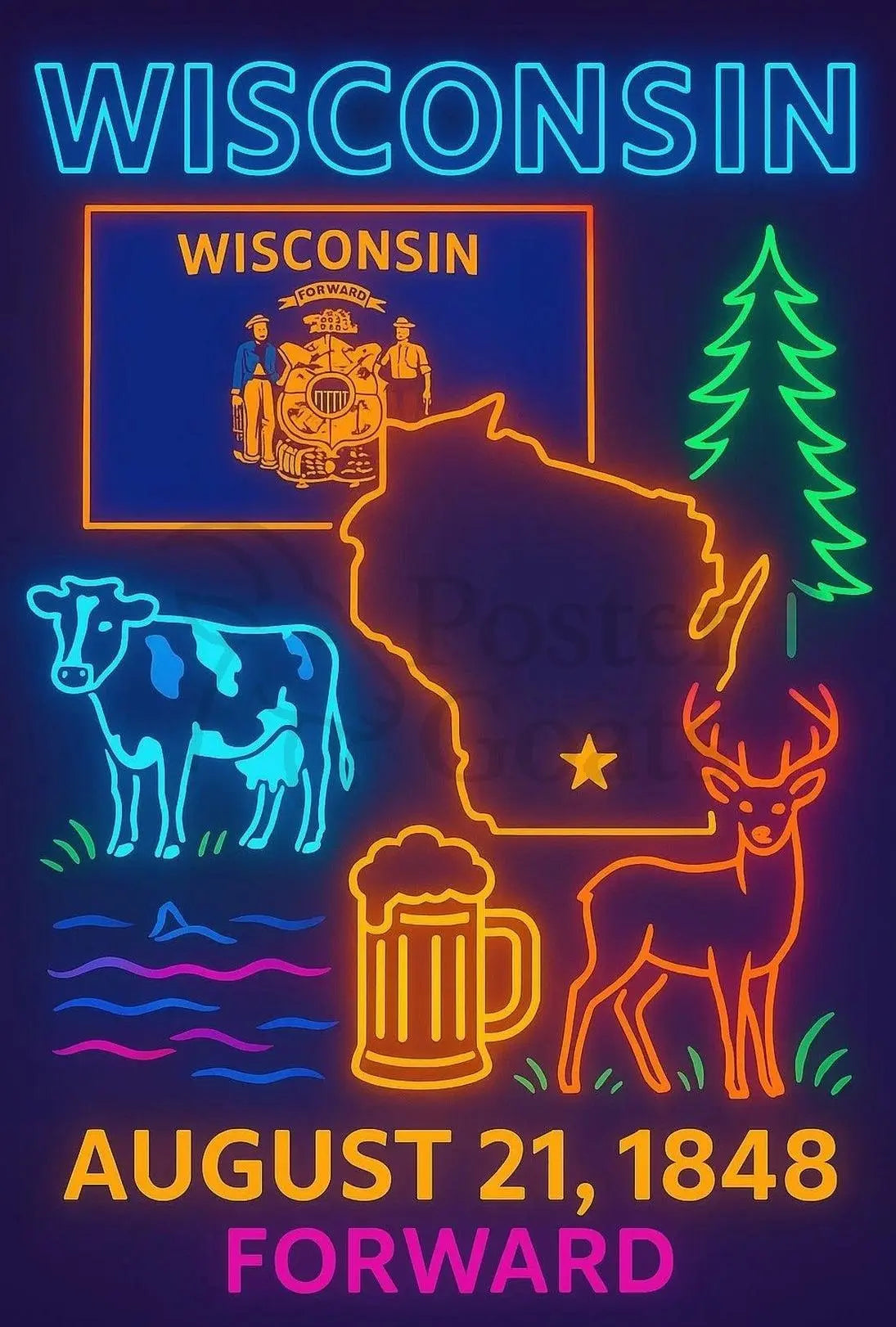 Wisconsin Statehood Celebration Neon Heritage Poster PosterGoat