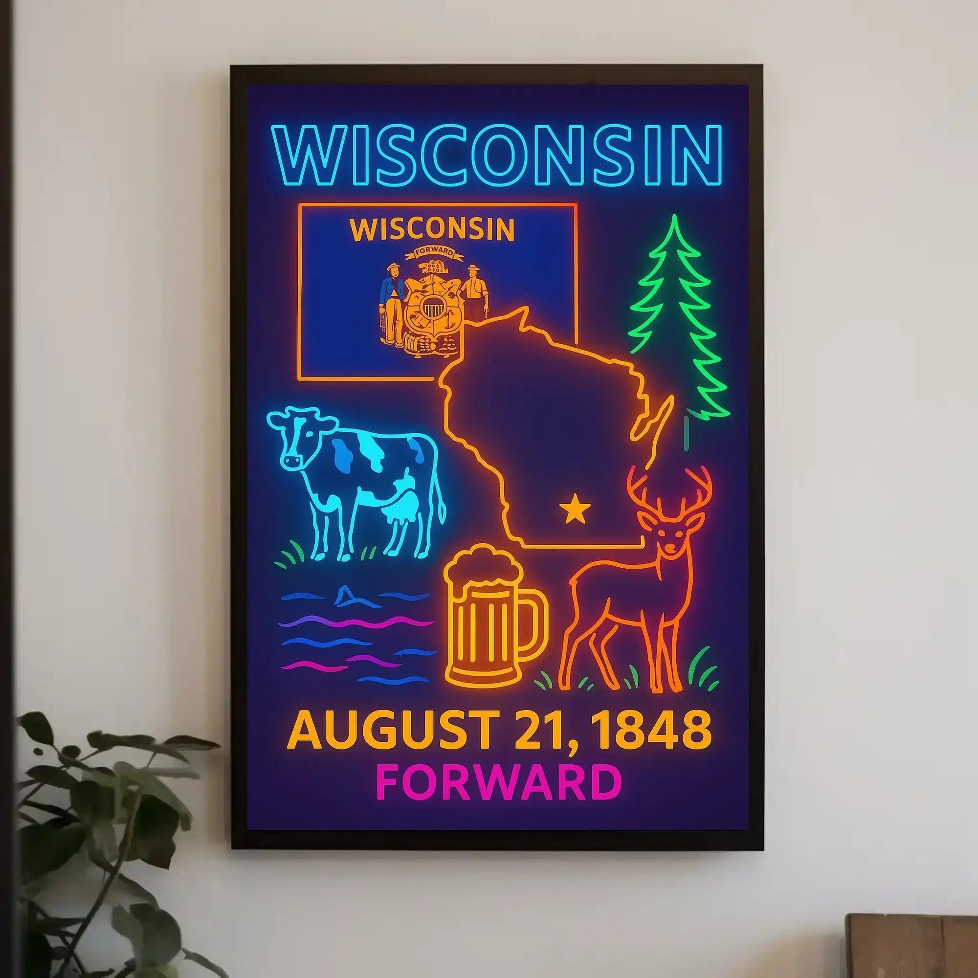 Wisconsin Statehood Celebration Neon Heritage Poster PosterGoat