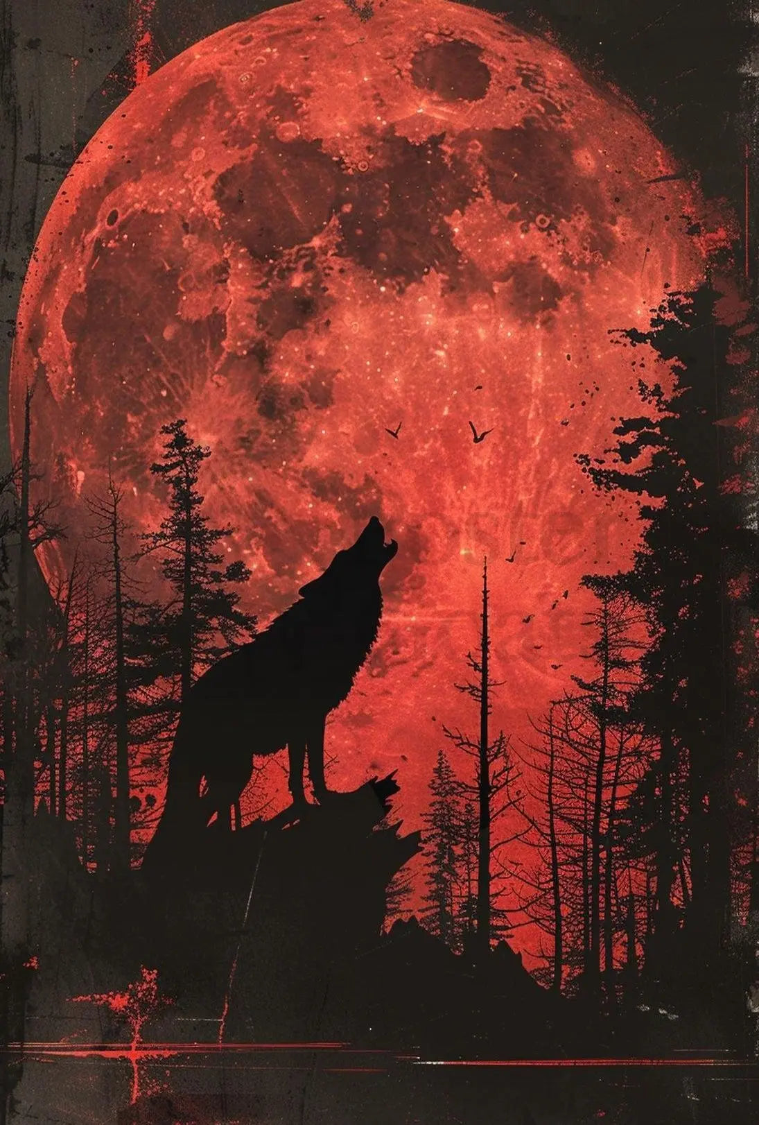 Wolf Howling Under Red Moon Artistic Animal Poster PosterGoat
