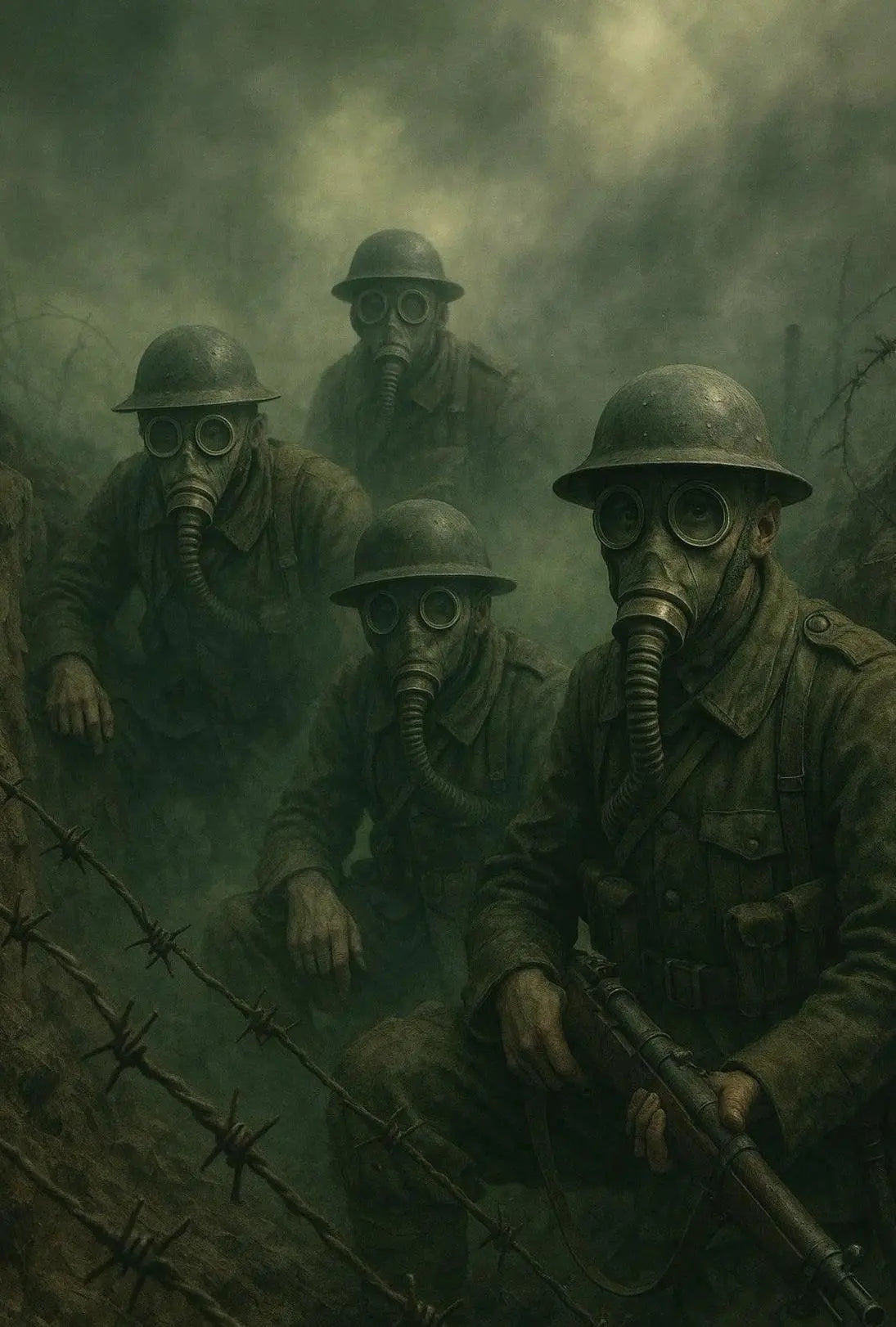 World War I Soldiers in Gas Masks Historical Poster PosterGoat