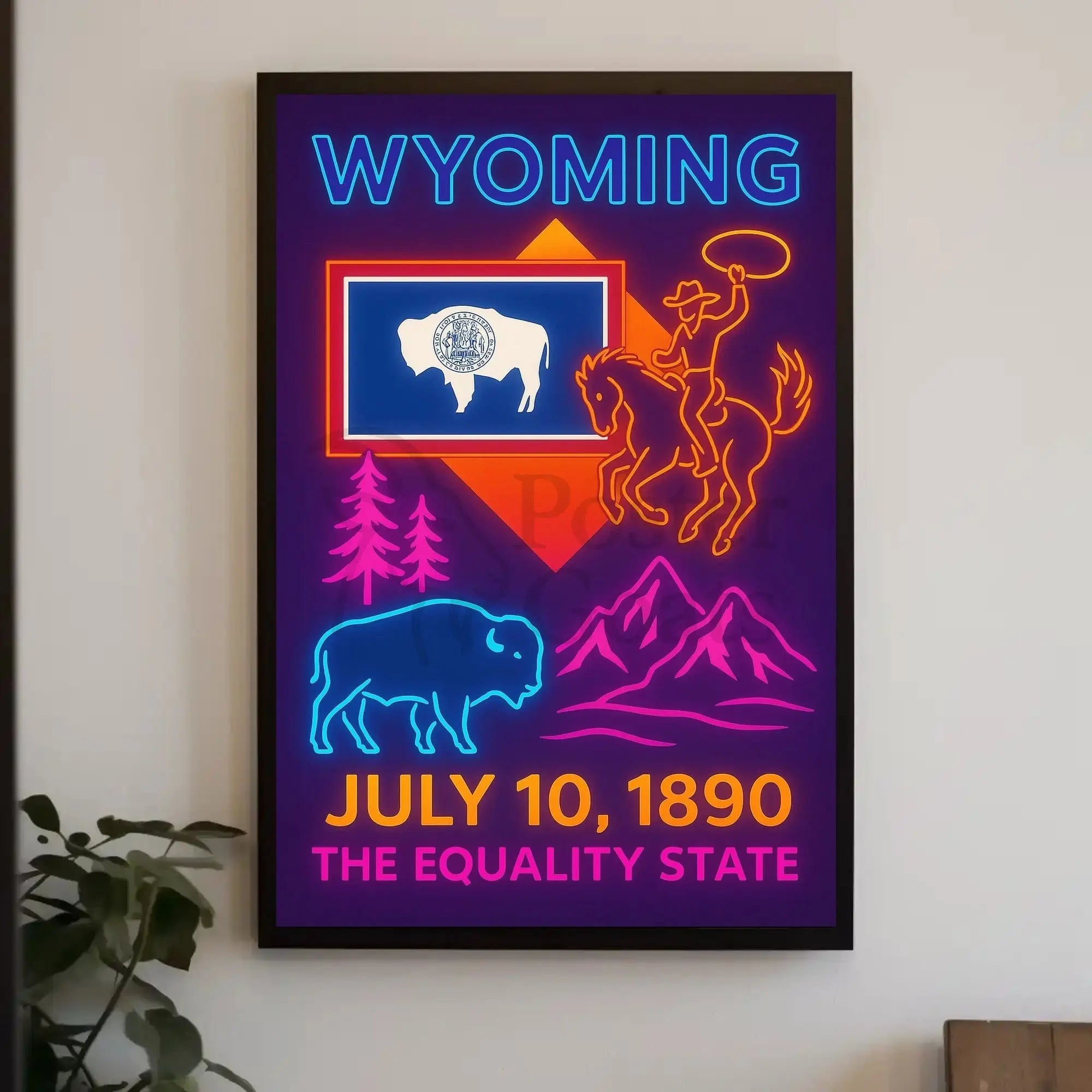 Wyoming Neon Celebration Heritage Poster PosterGoat