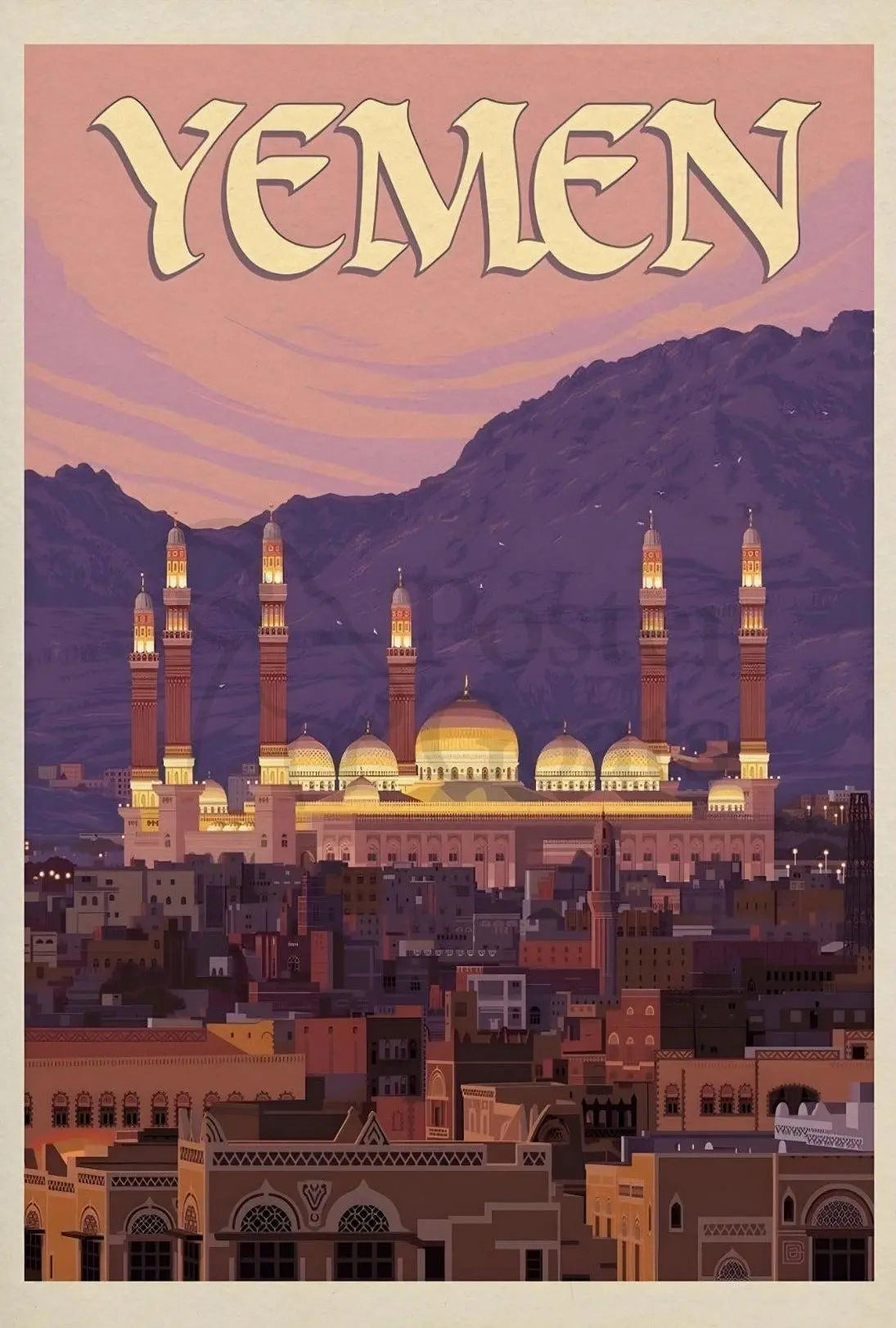 Yemen Cityscape at Sunset Travel Poster PosterGoat
