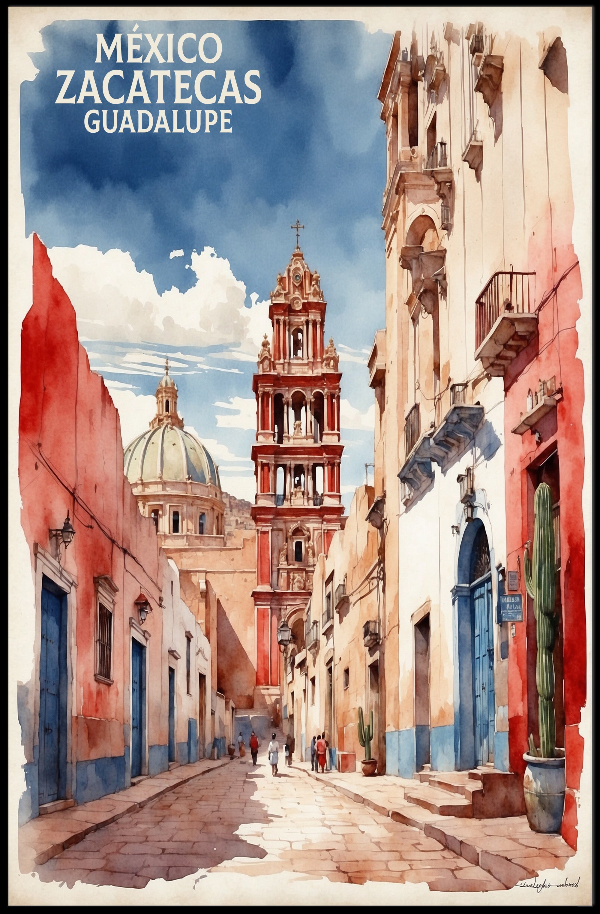 Zacatecas Guadalupe Colonial Watercolor Urban or Cityscape Poster PosterGoat