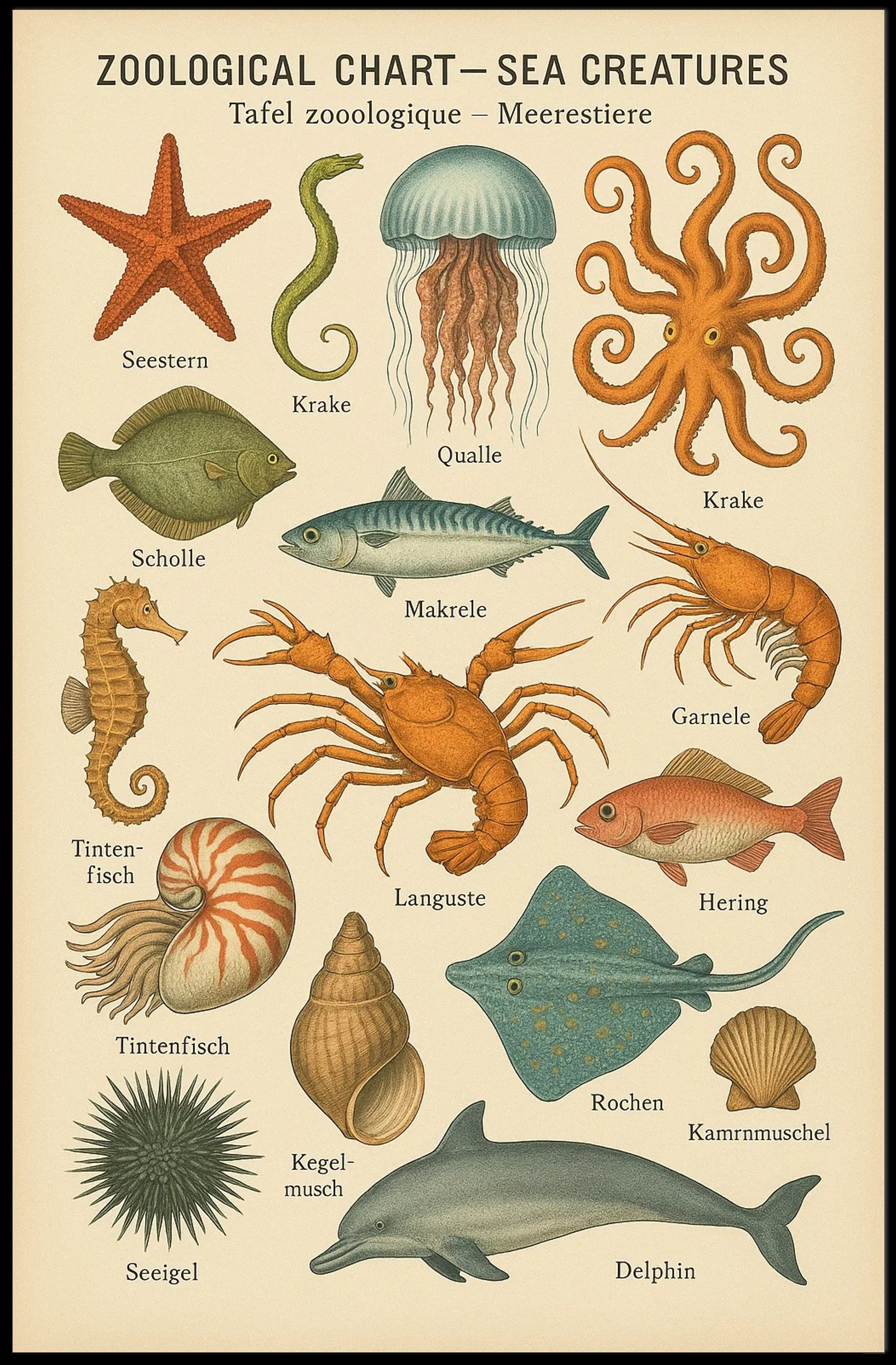 Zoological Chart of Vintage Sea Life Educational Poster PosterGoat