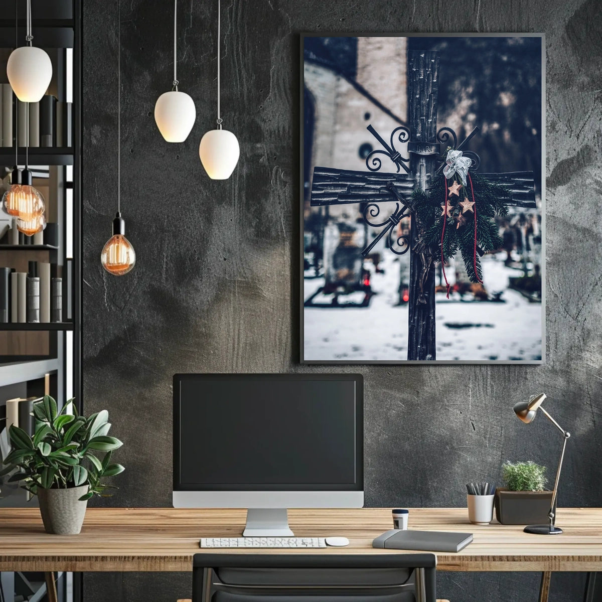 Winter Cemetery Scene with Wreath and Cross Poster