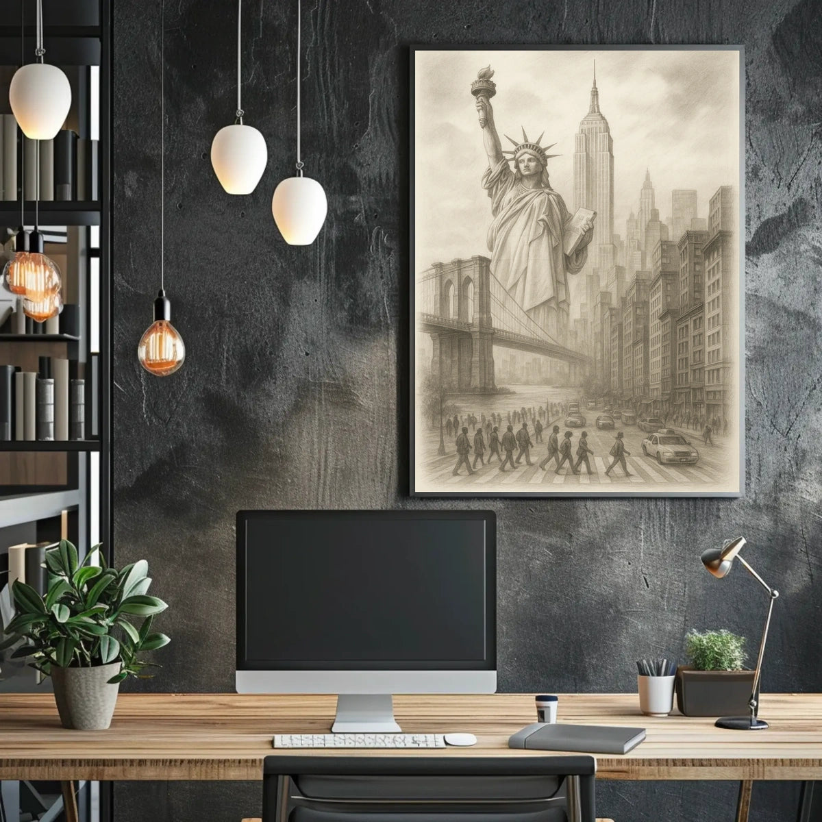 New York City Landmarks Poster Vintage Sketch Wall Art
