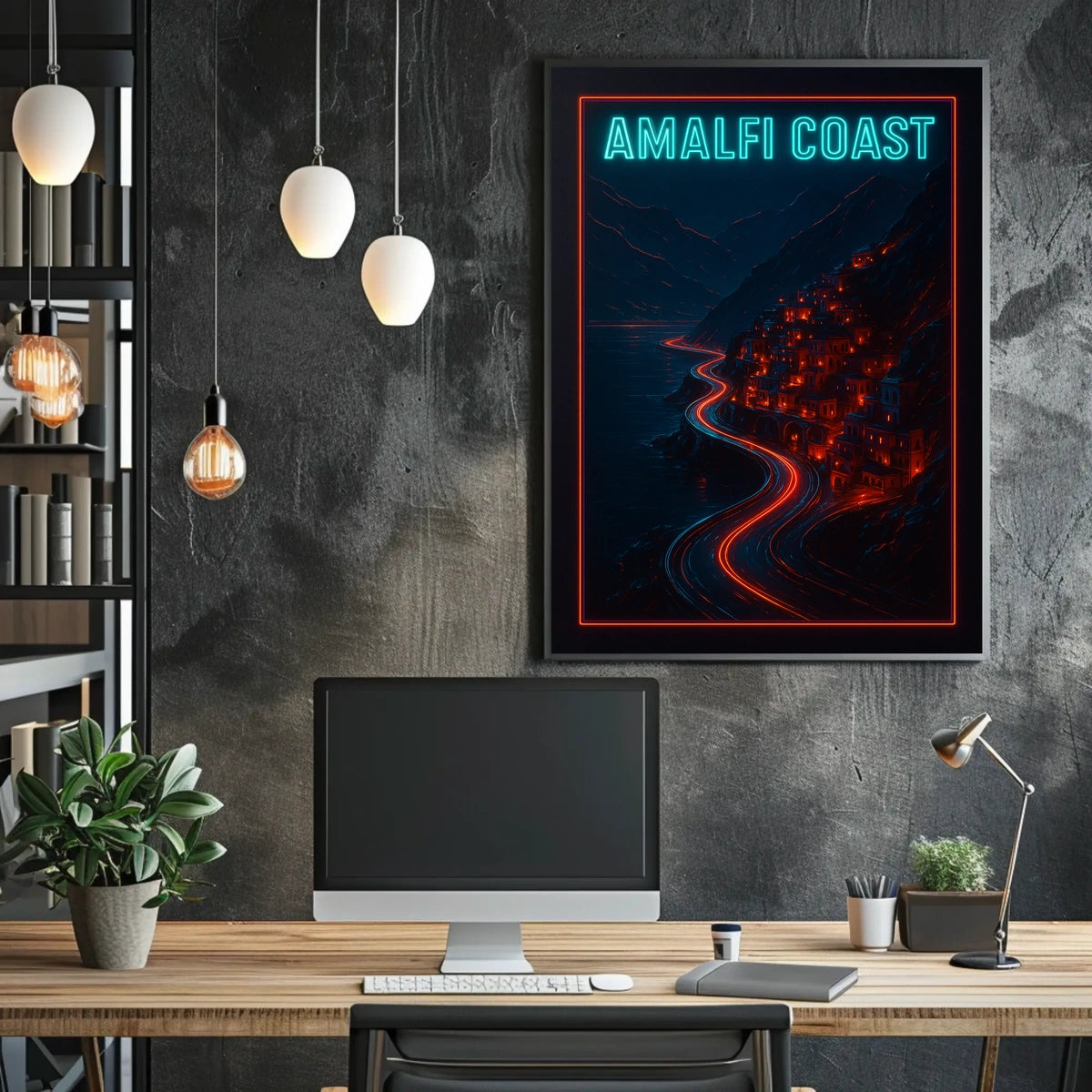 Amalfi Coast Neon Nightscape Poster