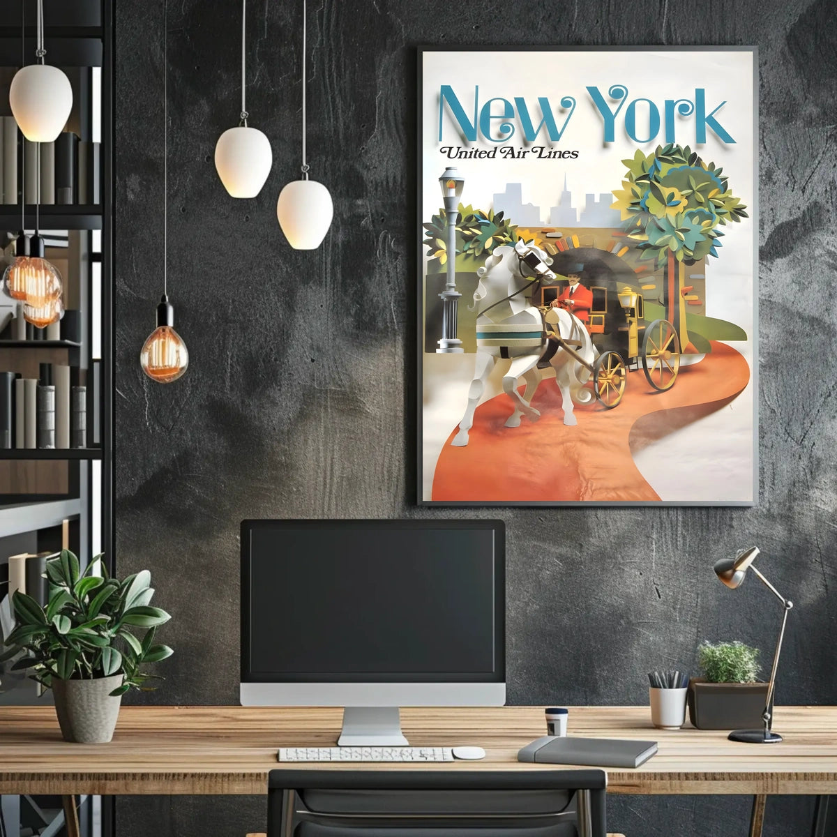 New York Skyline Carriage Travel Poster Vintage Wall Art
