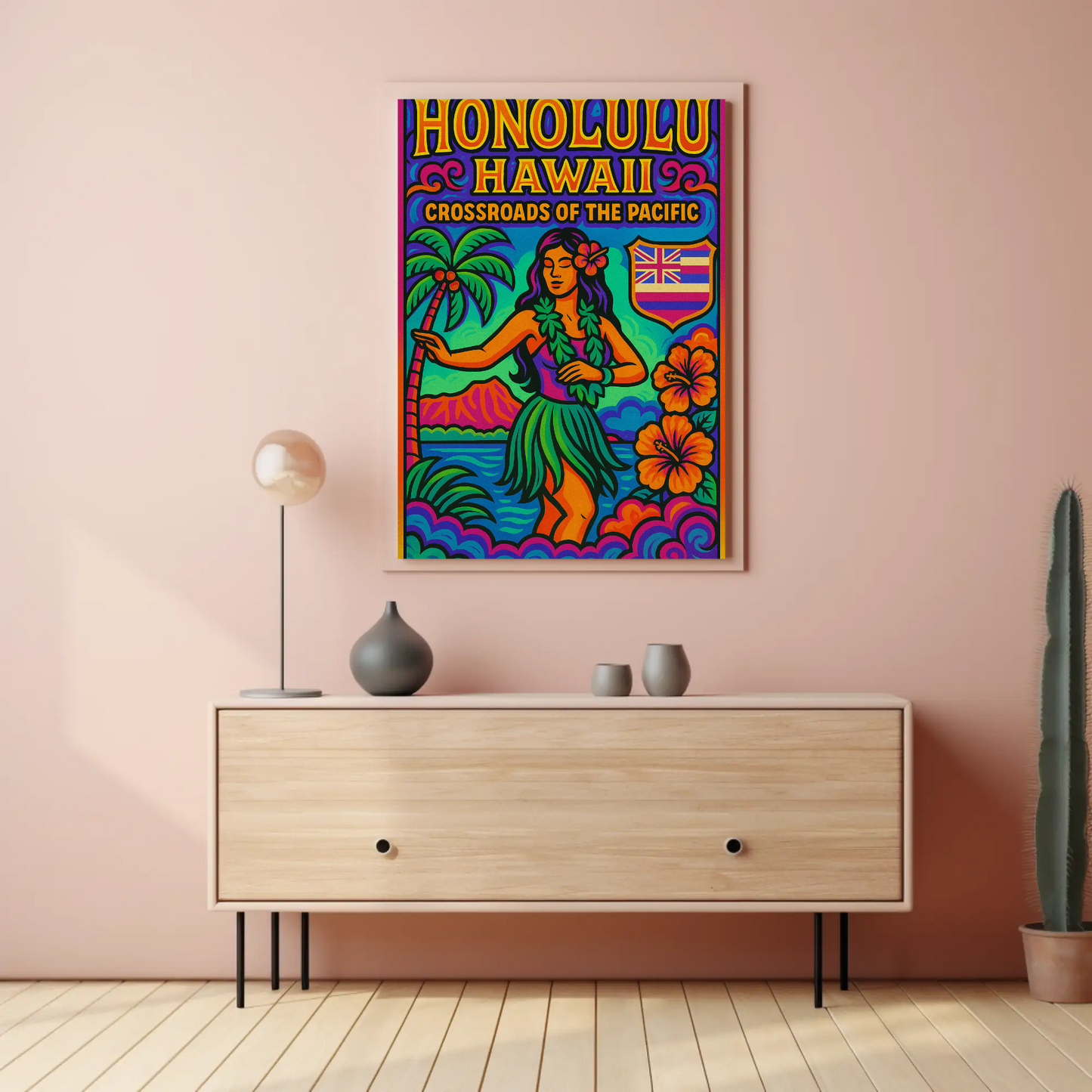 Honolulu Hawaii Pacific Vibrant Dancer Ocean Travel Poster