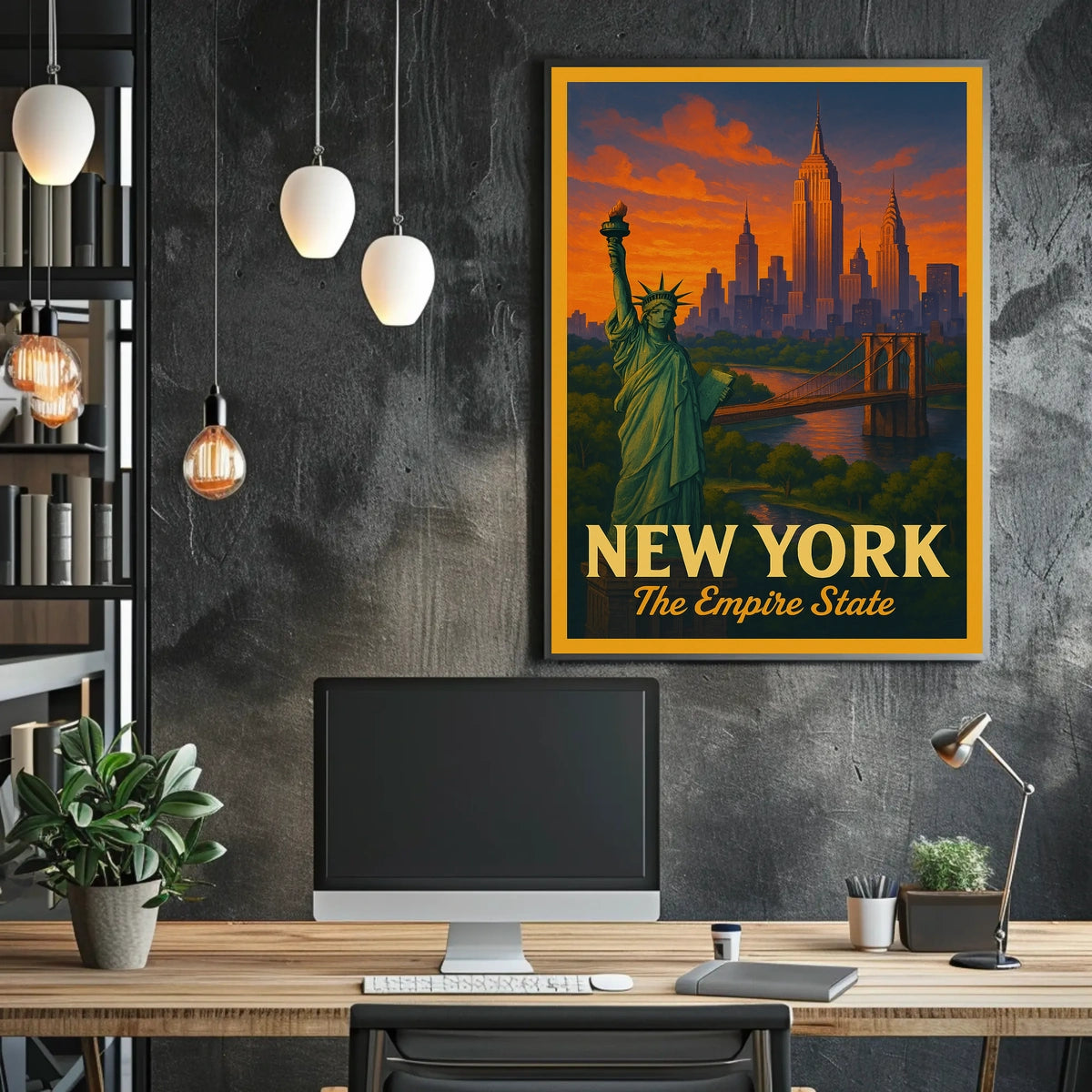 New York City Landmarks At Sunset Poster Vintage Wall Art