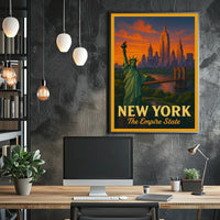 New York City Landmarks At Sunset Poster Vintage Wall Art