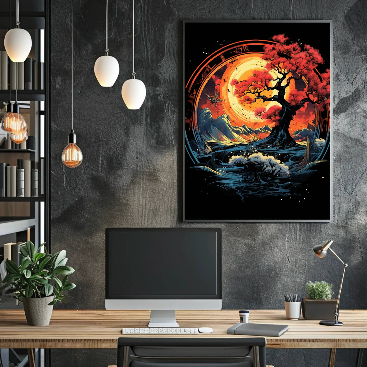 Mystical Red Tree Fantasy Landscape Art Poster