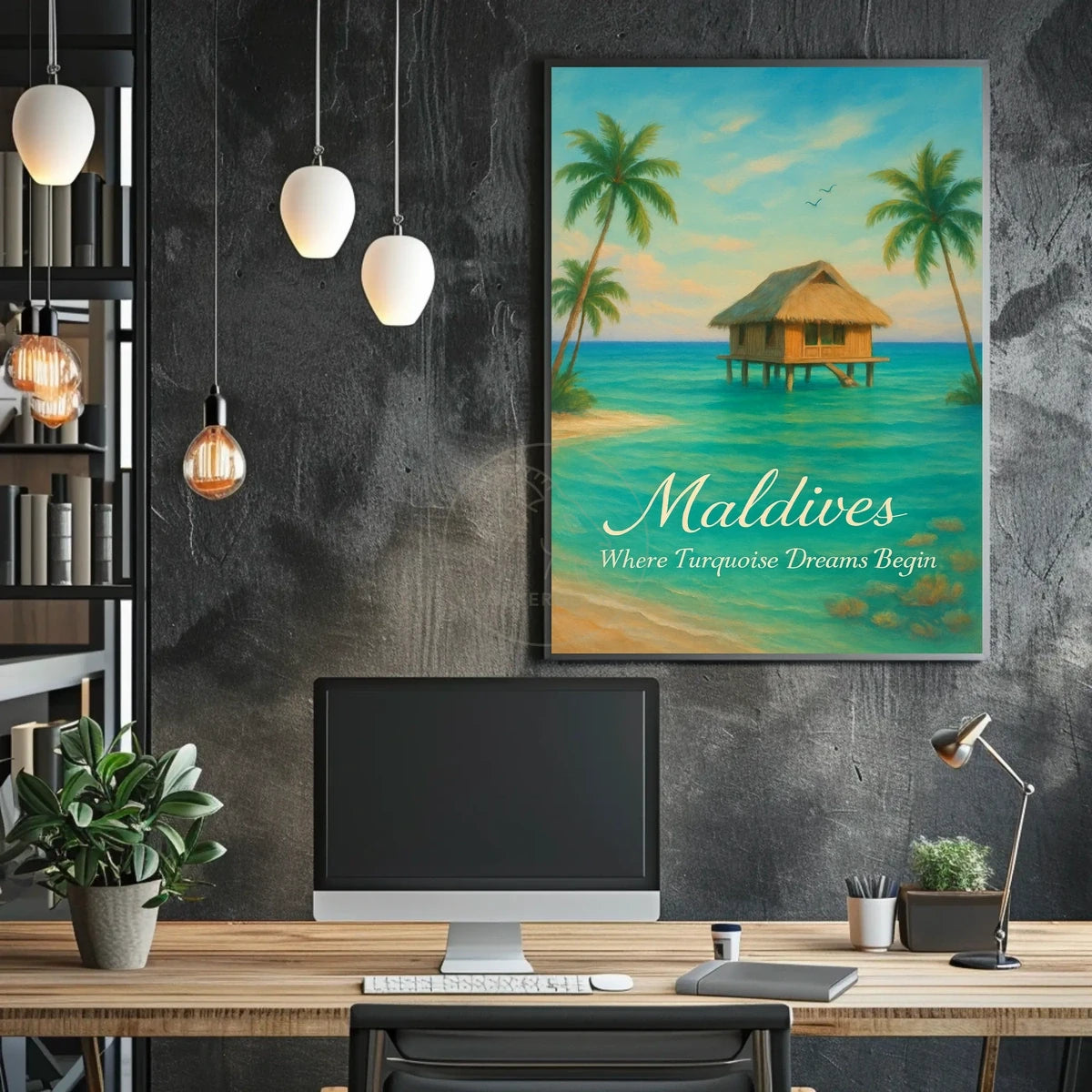 This poster vividly captures a serene tropical paradise, likely set in the Maldives, Travel Poster