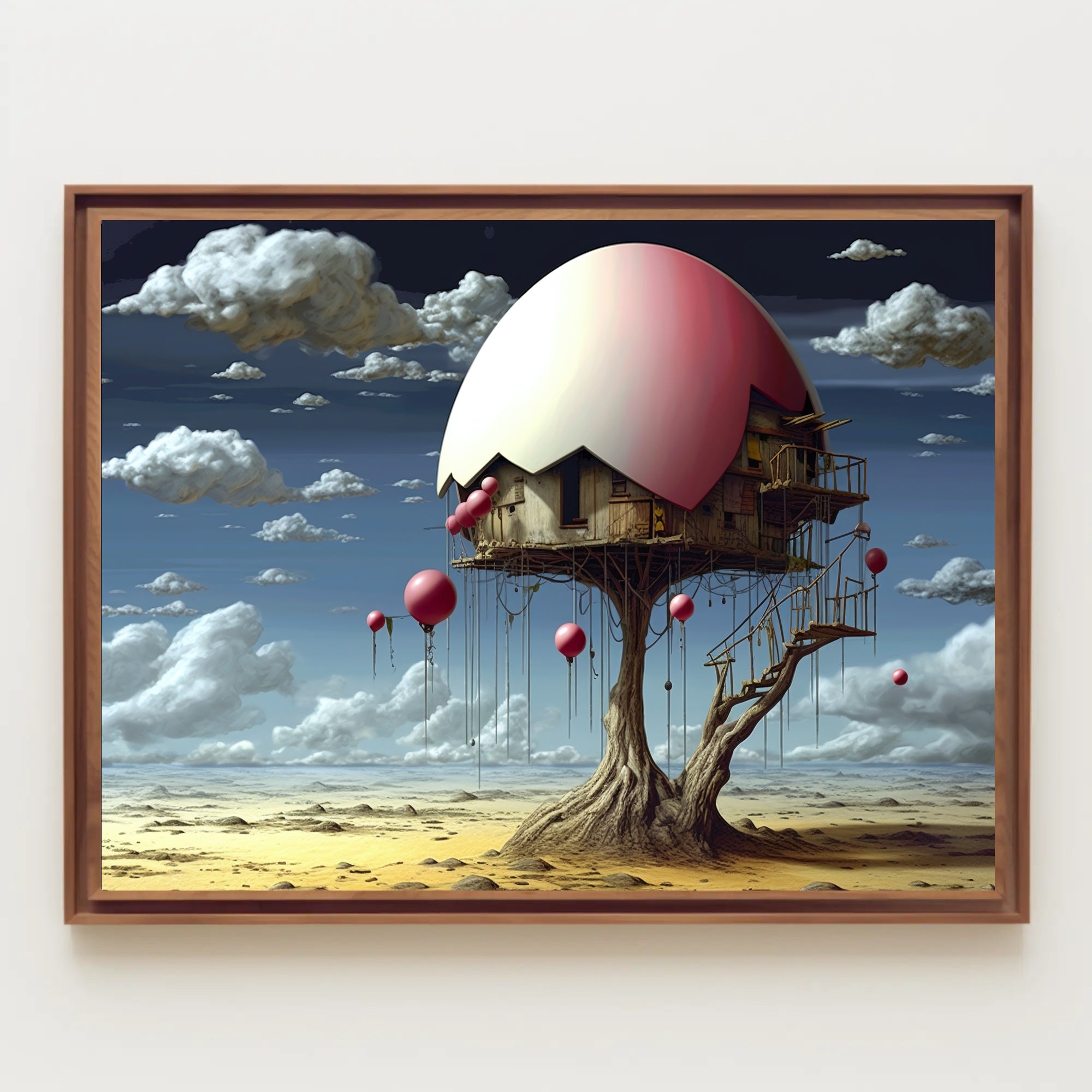 Surreal Desert House with Whimsical Balloons Artistic Poster
