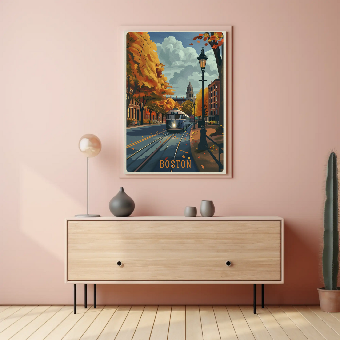 Boston Autumn Streetcar Leaves Trees Travel Poster