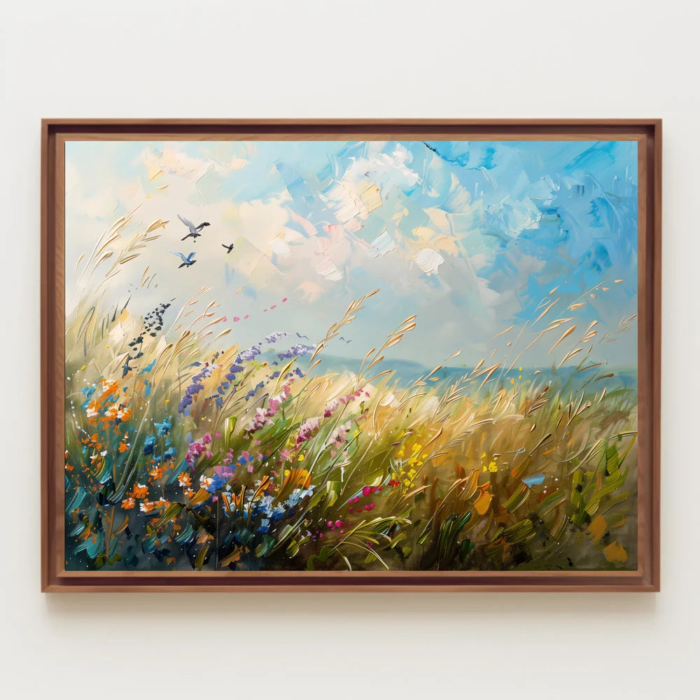 Vibrant Meadow Impressionist Poster with Soaring Birds