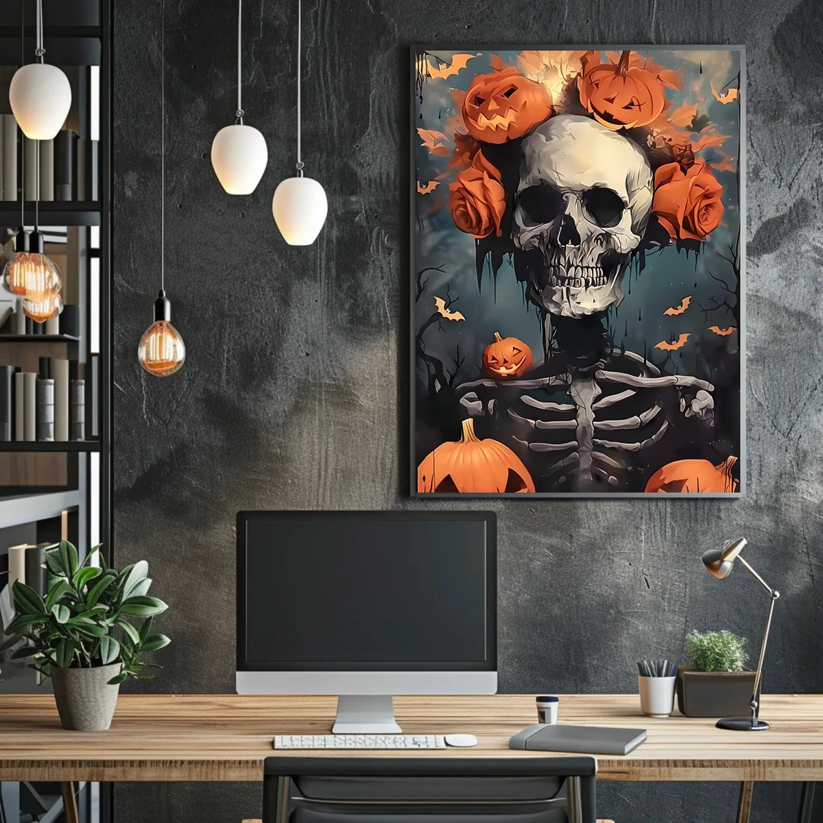 Halloween Skeleton with Pumpkins Poster
