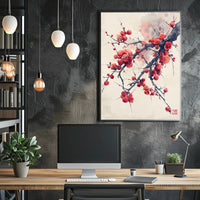 Elegant Red Plum Blossoms Artistic Poster PosterGoat