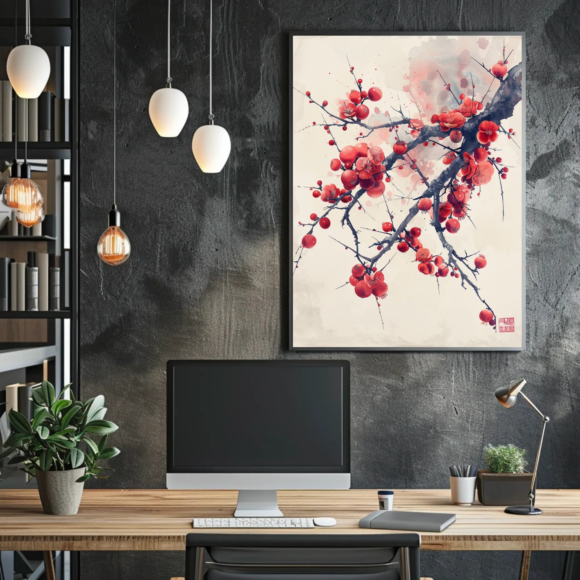 Elegant Red Plum Blossoms Artistic Poster PosterGoat