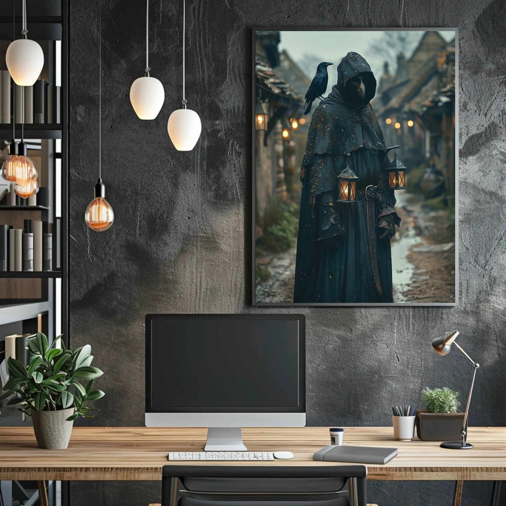 Mysterious Medieval Village Artwork with Plague Doctor Fantasy Poster PosterGoat