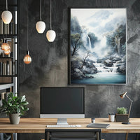 Tranquil Waterfall In Misty Mountains Poster
