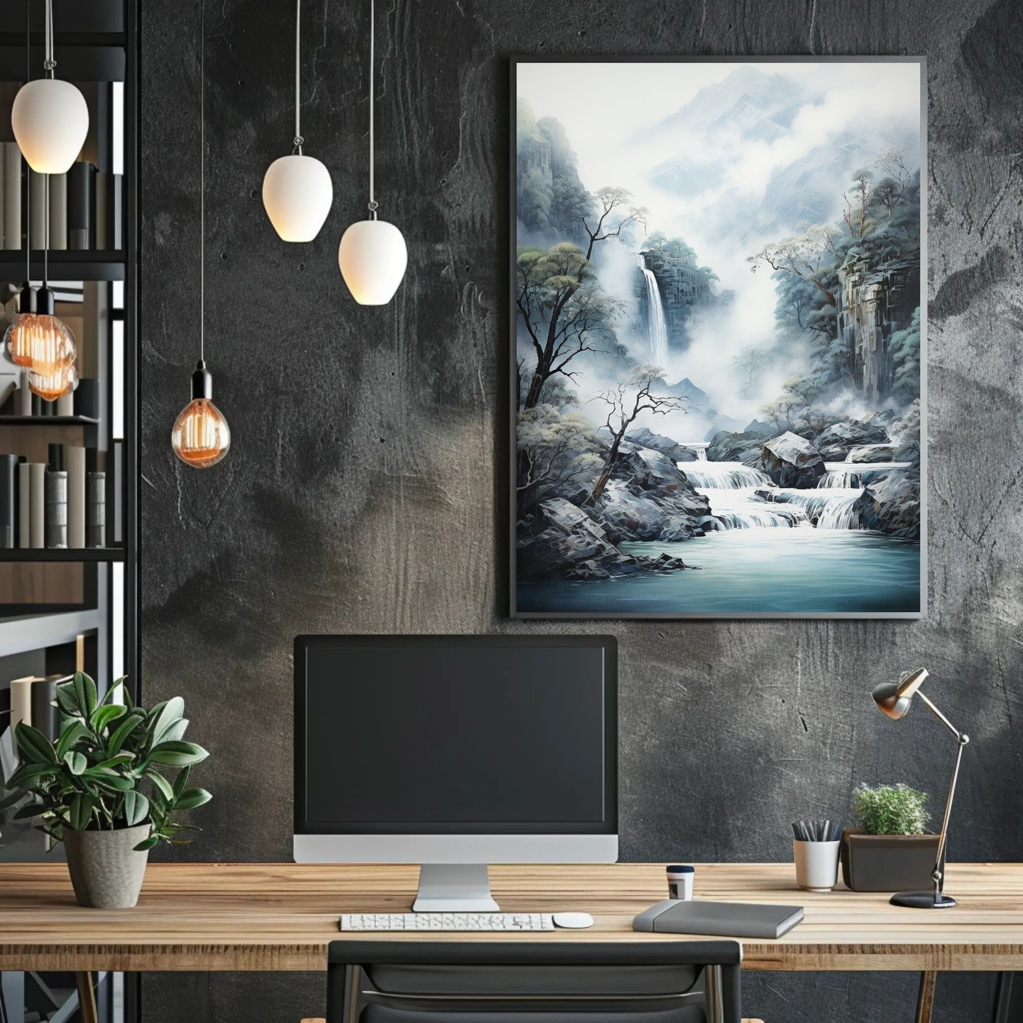 Tranquil Waterfall In Misty Mountains Poster