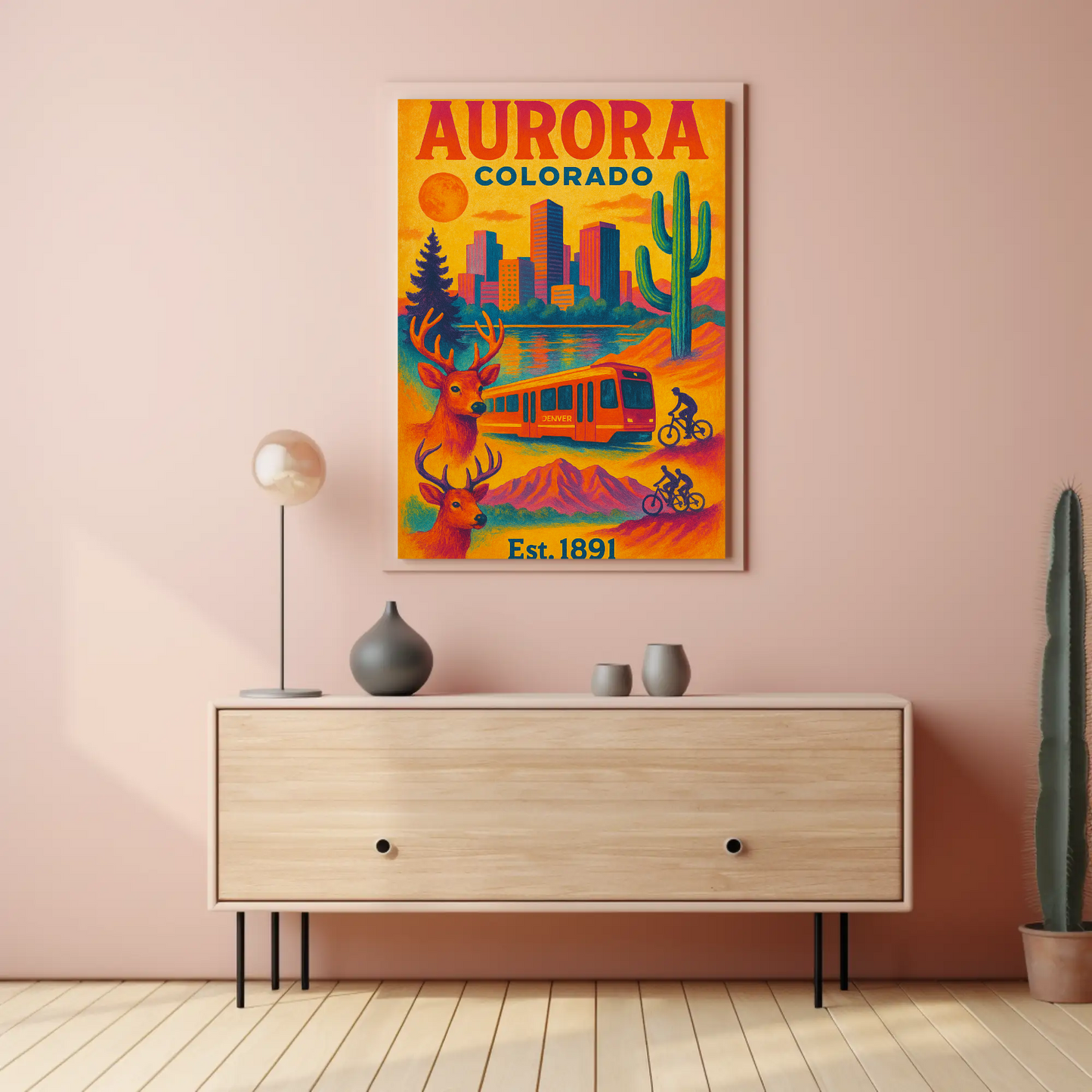 Aurora Colorado Mountains City Train Wildlife Cactus Travel Poster