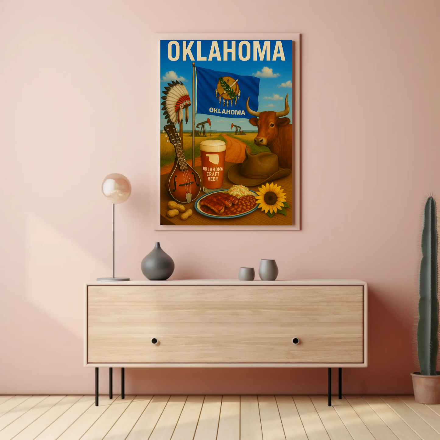 Oklahoma BBQ Cow Mandolin Flag Beer Travel Poster