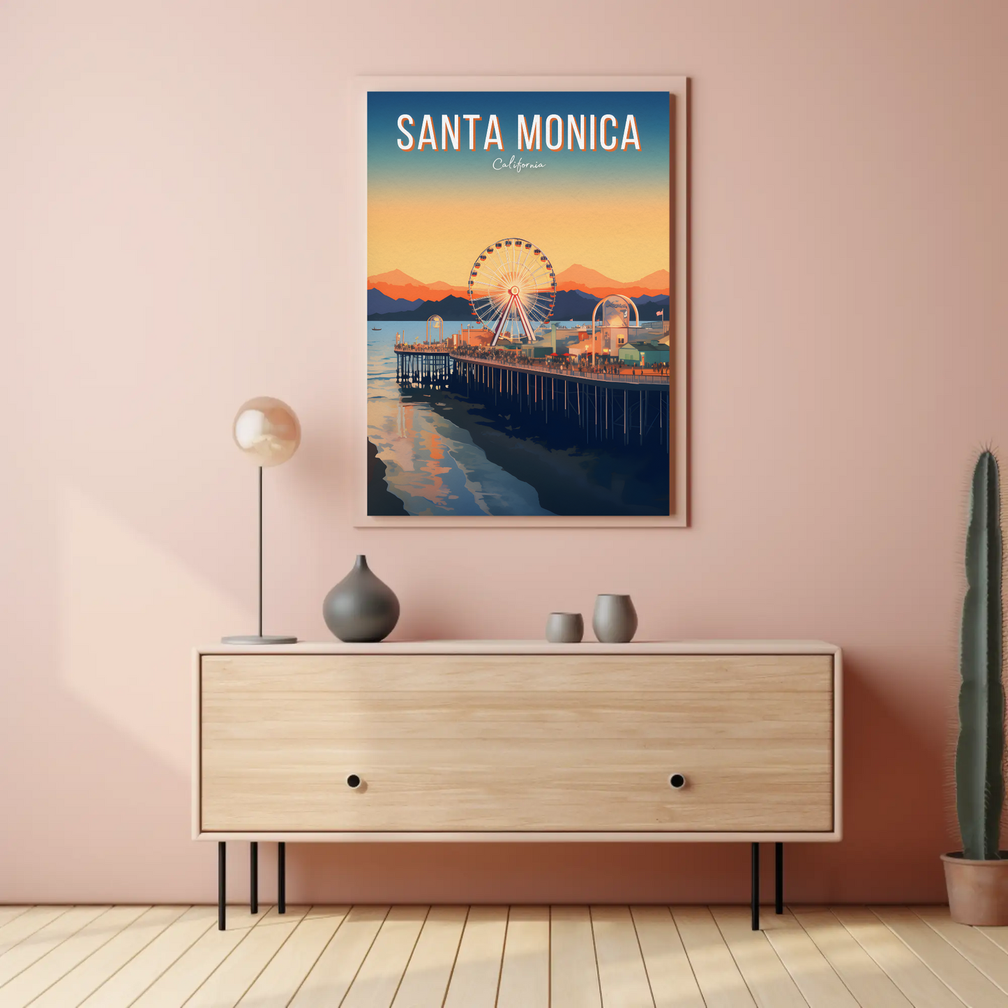 Santa Monica California Pier Sunset Ocean Ferris Poster
