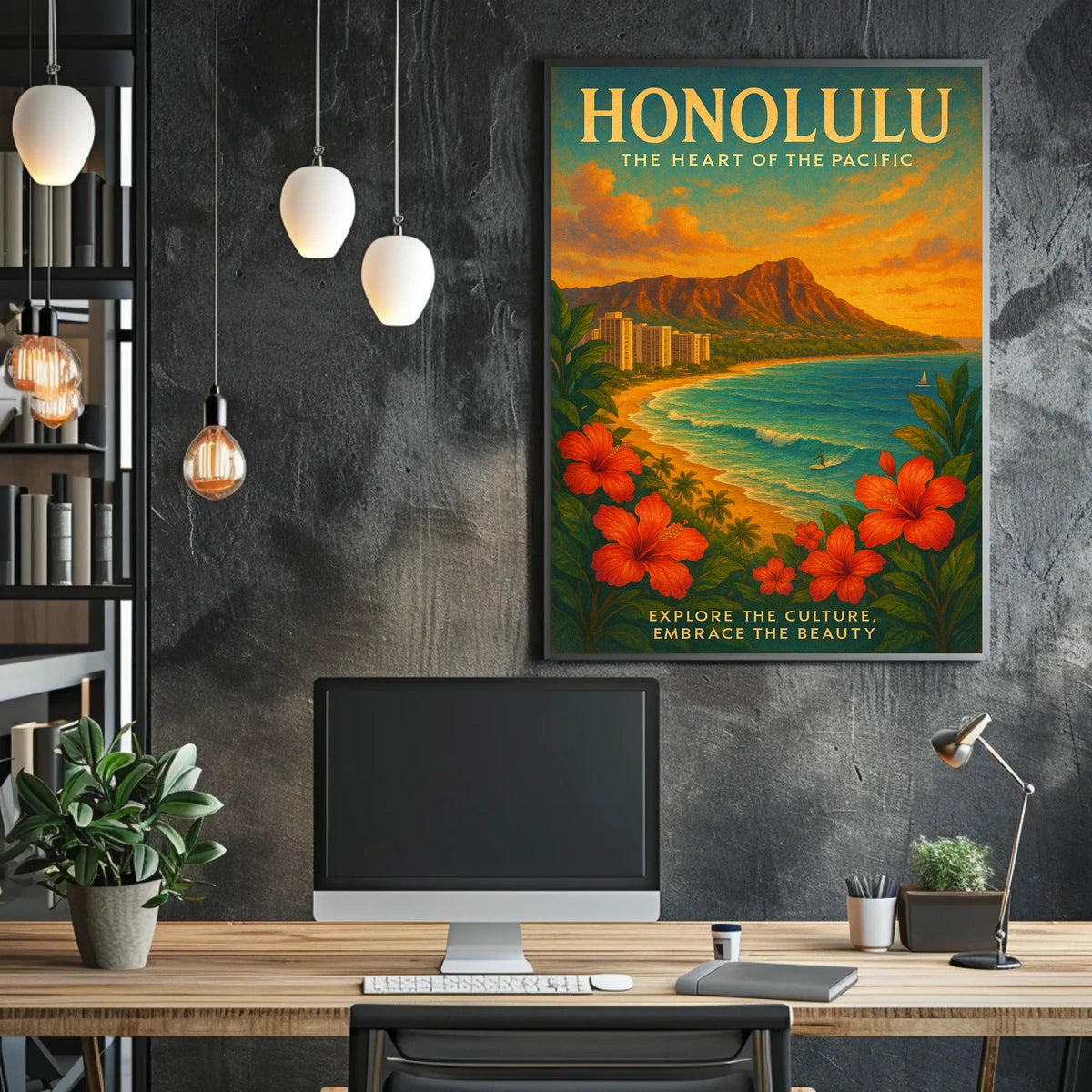 Honolulu Vintage Travel Poster Tropical Beachfront Art