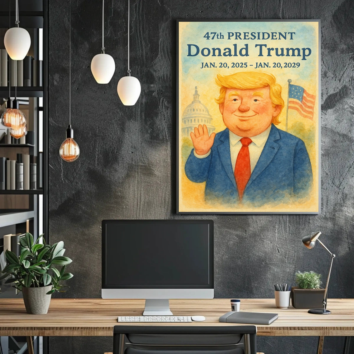 Trump Patriotism Watercolor Inspirational Capitol Dome American Flag Portrait Inspired Decor Collector Poster