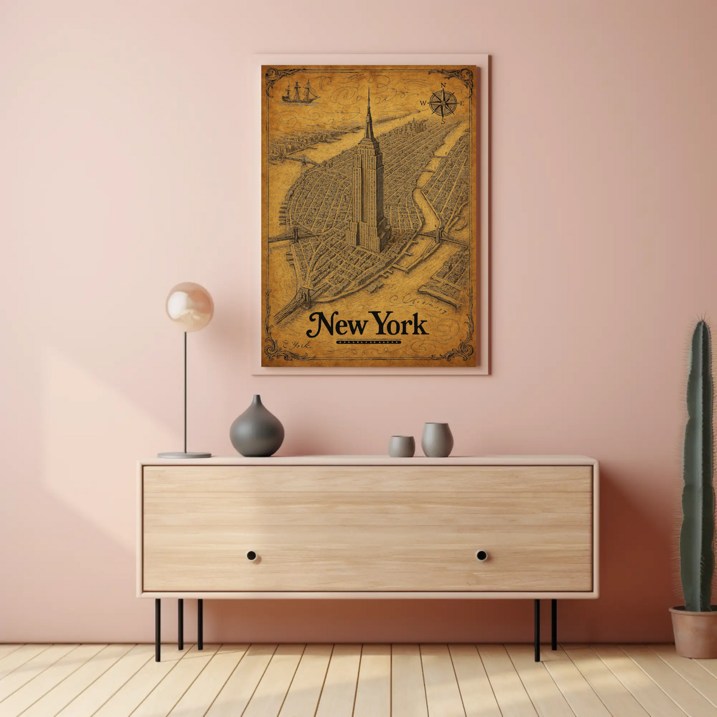 New York Empire State Historic Map Detailed Aerial Travel Poster