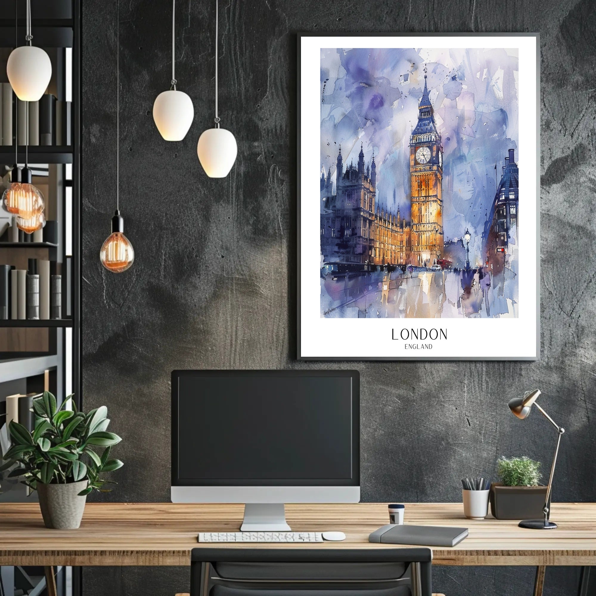 London Watercolor Cityscape: Big Ben & Parliament Travel Poster PosterGoat