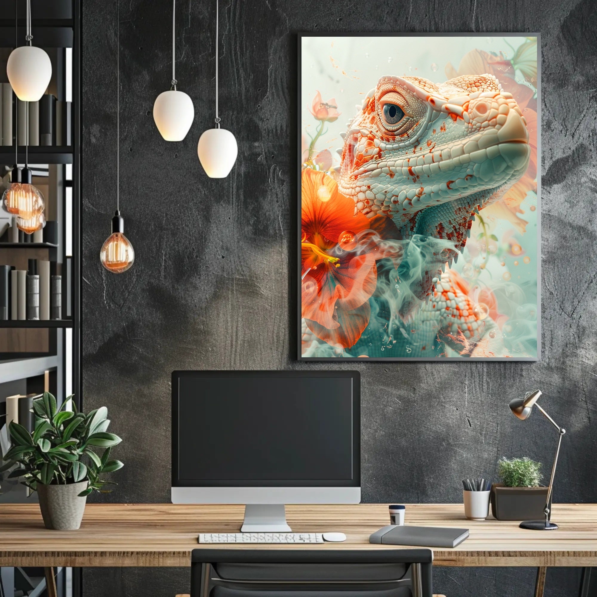 Lizard and Flowers: Ethereal Nature Art Poster PosterGoat