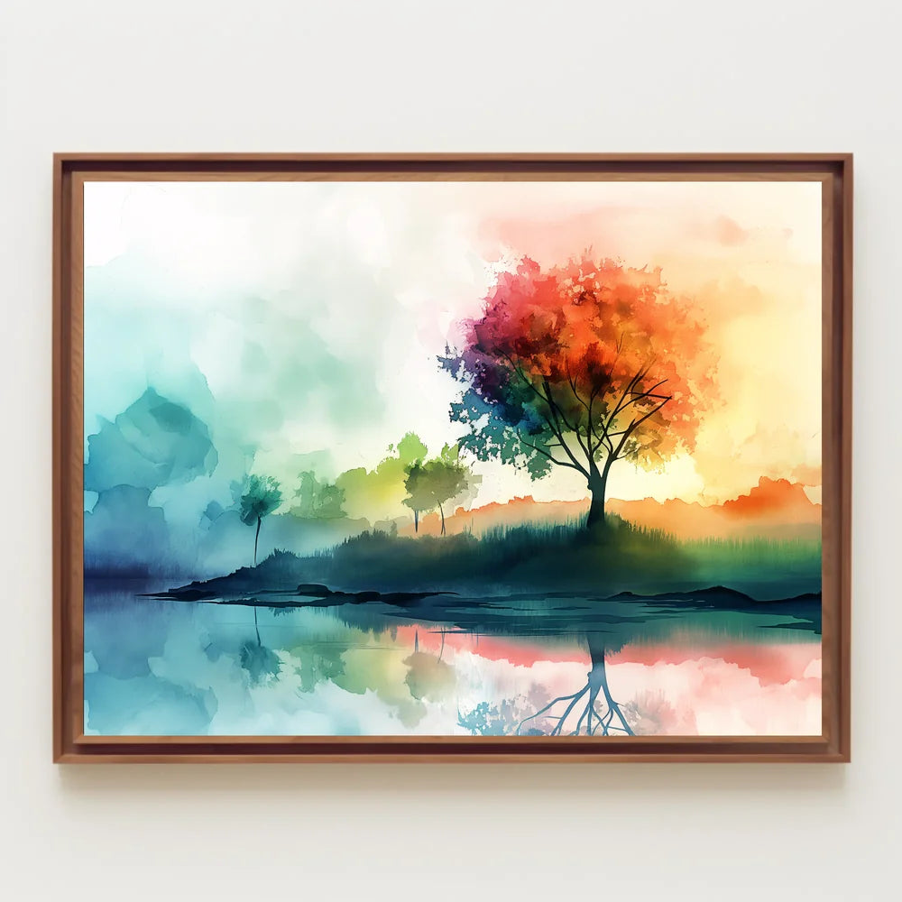 Serene Autumn Reflection Watercolor Landscape Poster
