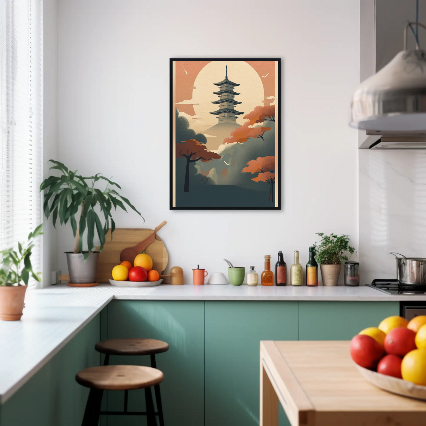 Sunset Pagoda Japan Mountain Haze Vintage Travel Poster