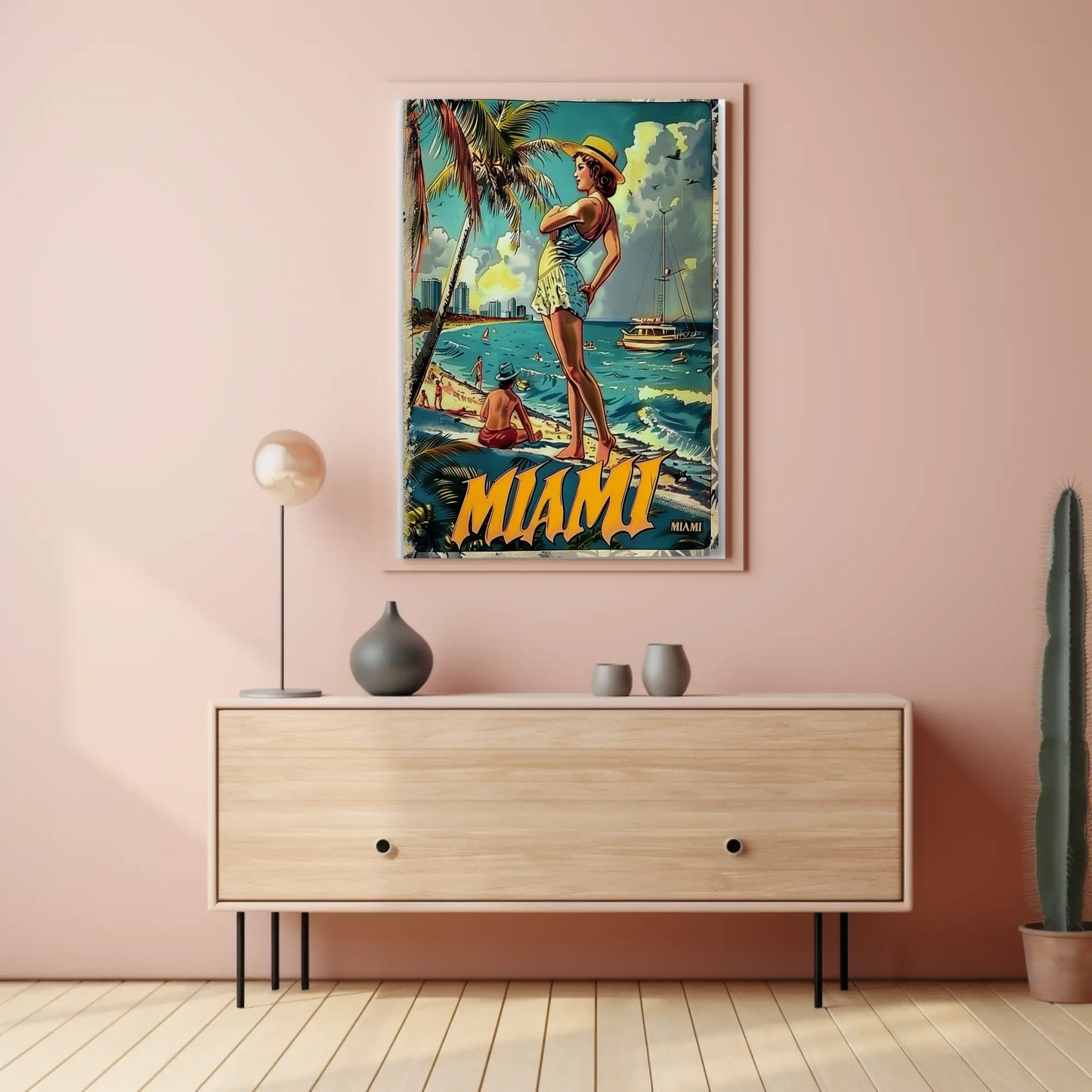 Miami Vintage Beach Scene Palm Trees Skyline Travel Poster