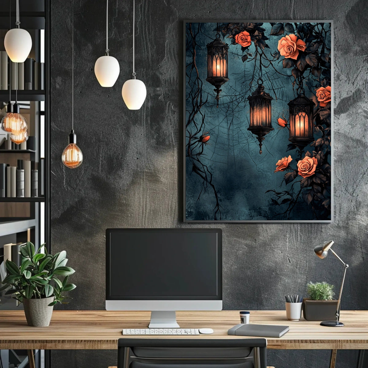 The poster displays a gothic and romantic theme. Three ornately designed lanterns emit Travel Poster
