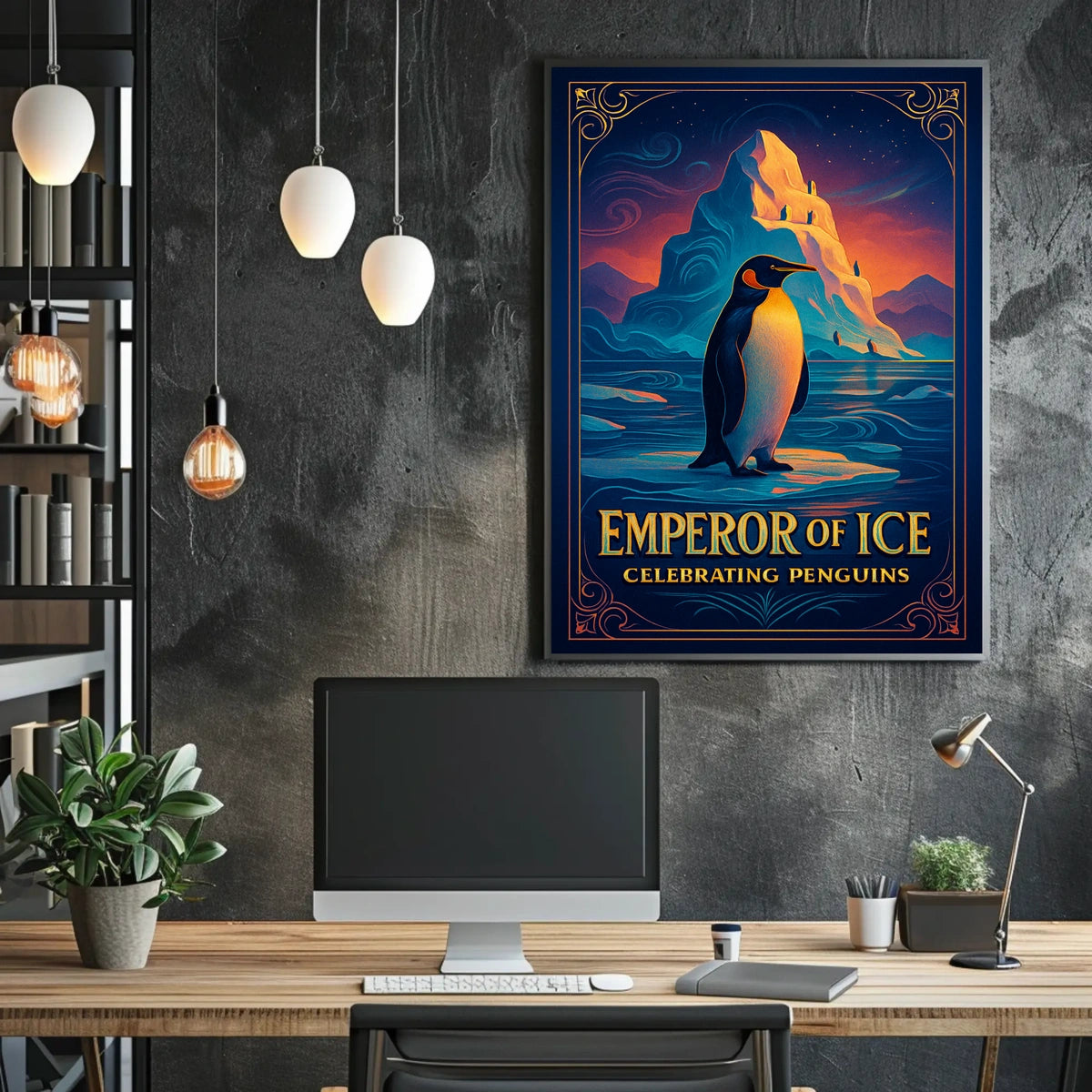 Emperor Penguin Vintage Style Icy Landscape Elegant Design Poster