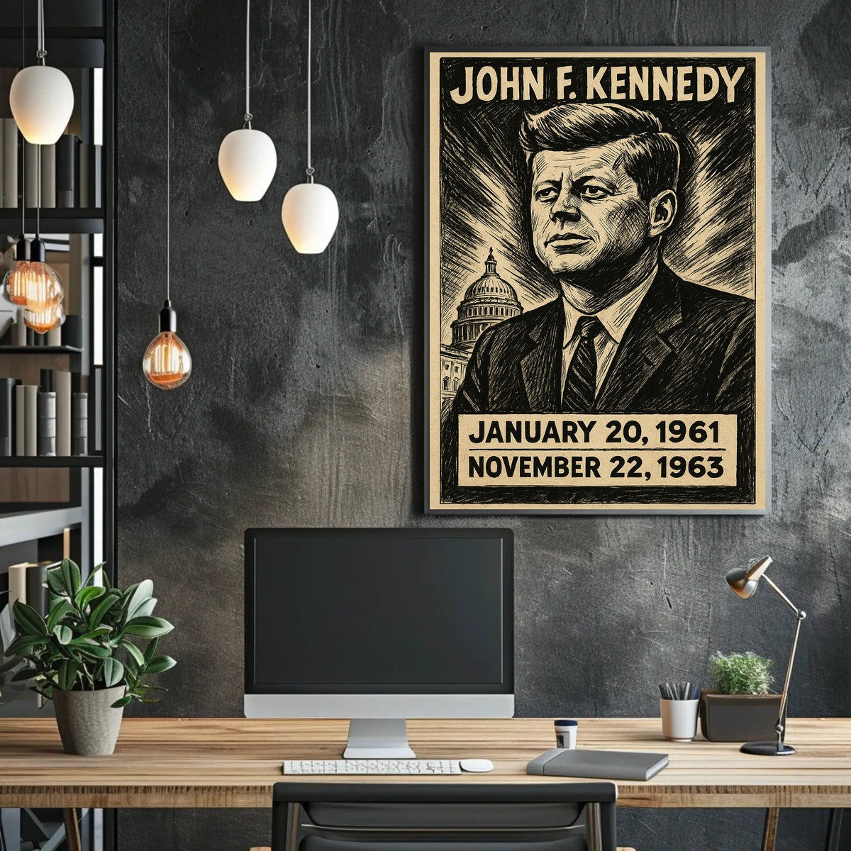 John F. Kennedy 35th President of the United States B & W Comic Sketch Poster
