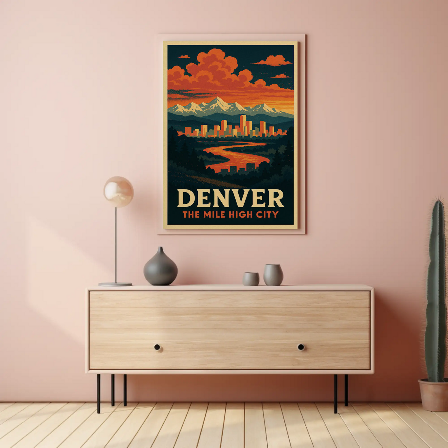 Denver Colorado Sunset Skyline Mountains Travel Poster