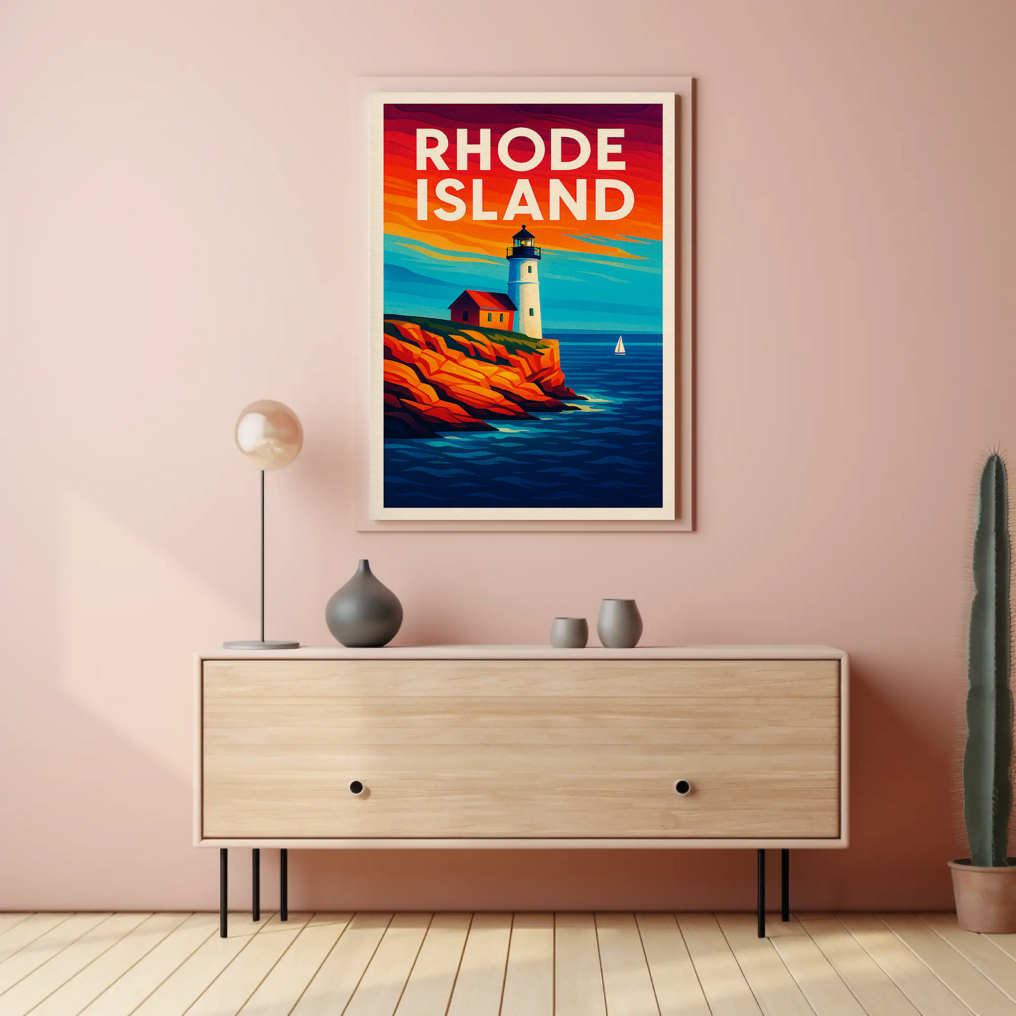 Rhode Island Coast Lighthouse Ocean Sunset Travel Poster
