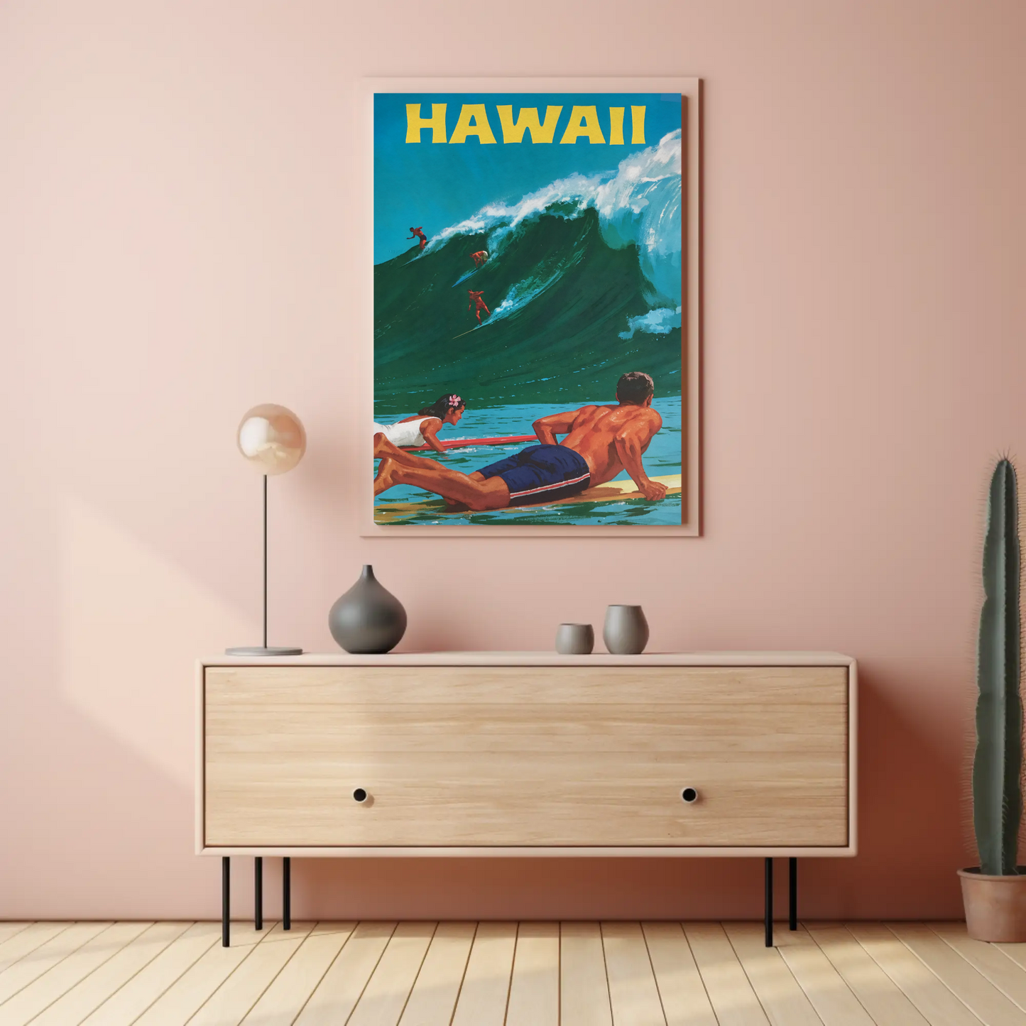 Hawaii Surfers Riding Giant Wave Ocean Travel Poster