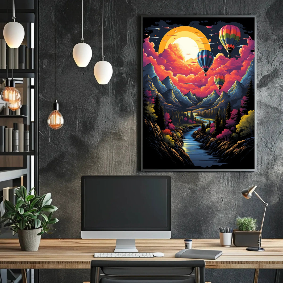 Vibrant Surreal Landscape Poster with Hot Air Balloons