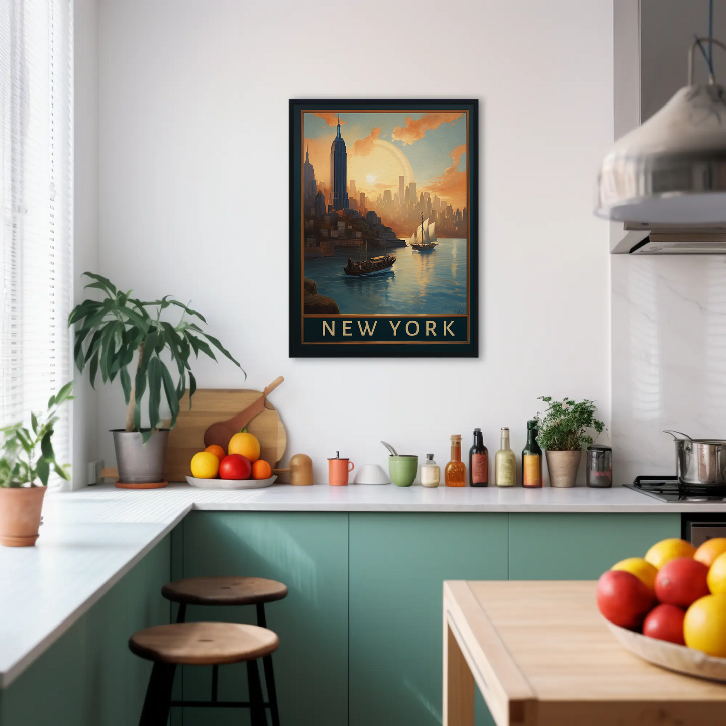 New York Harbor Sunset Vintage Travel Poster