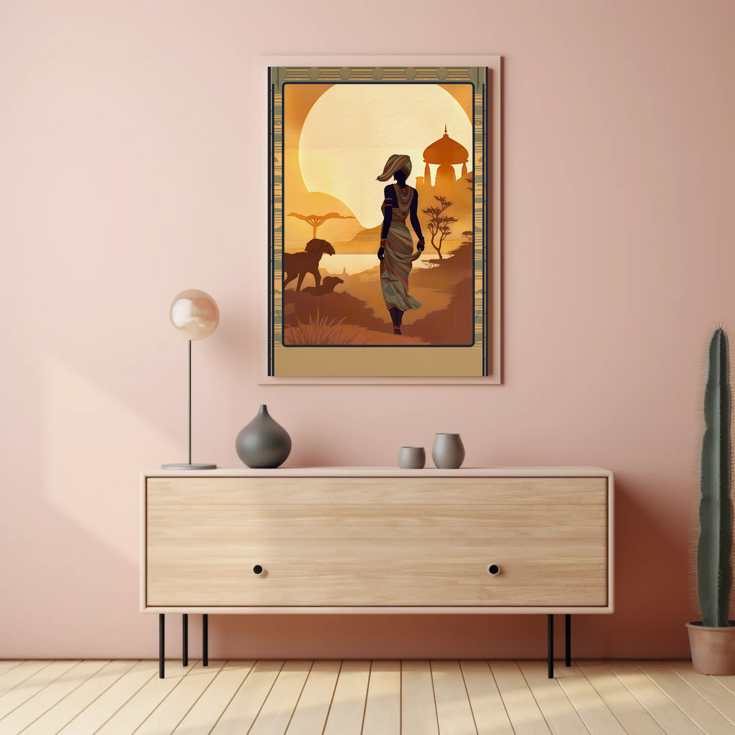 African Woman Wildlife Sunset Silhouette Travel Poster