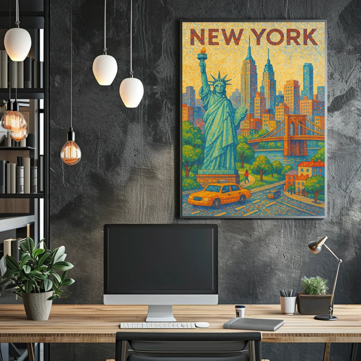 New York City Vibrant Pointillism Art Poster Modern Wall Art